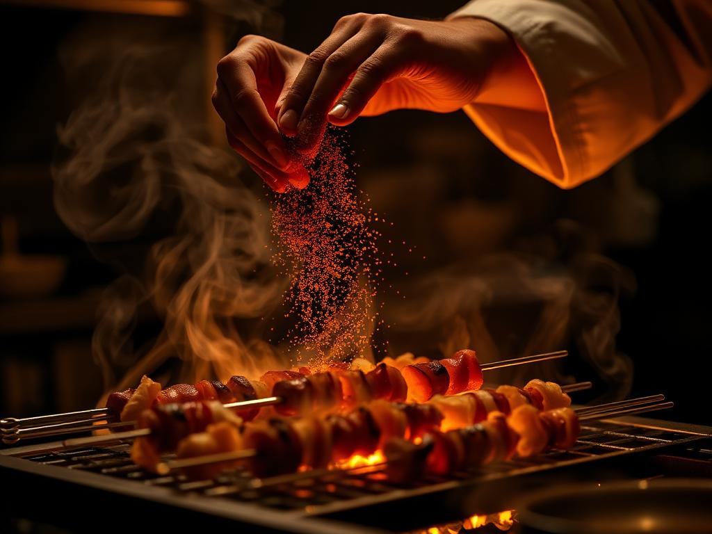 Chef seasoning skewers over glowing charcoal at Karak House