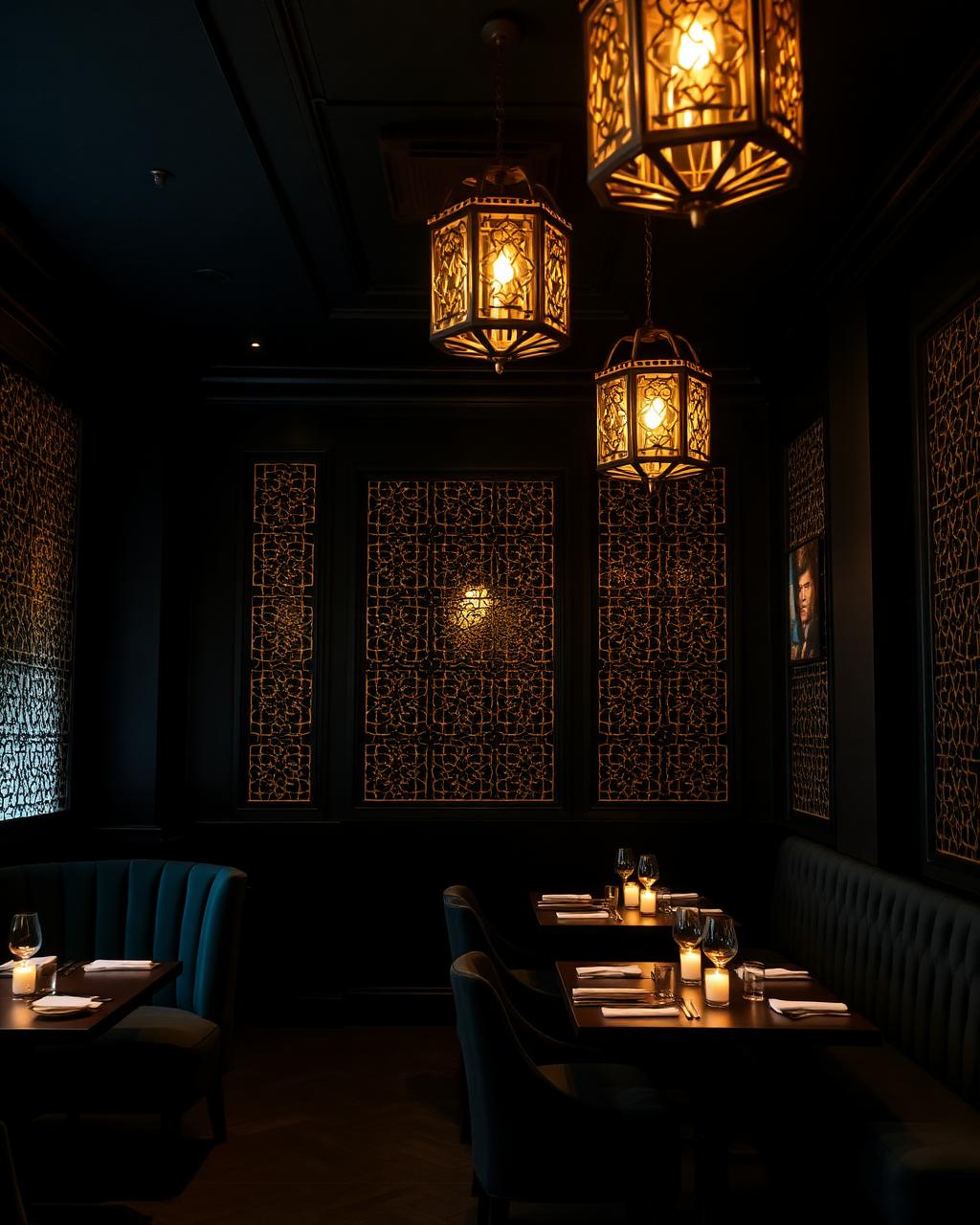 Candlelit dining room at Karak House with gold mashrabiya screens