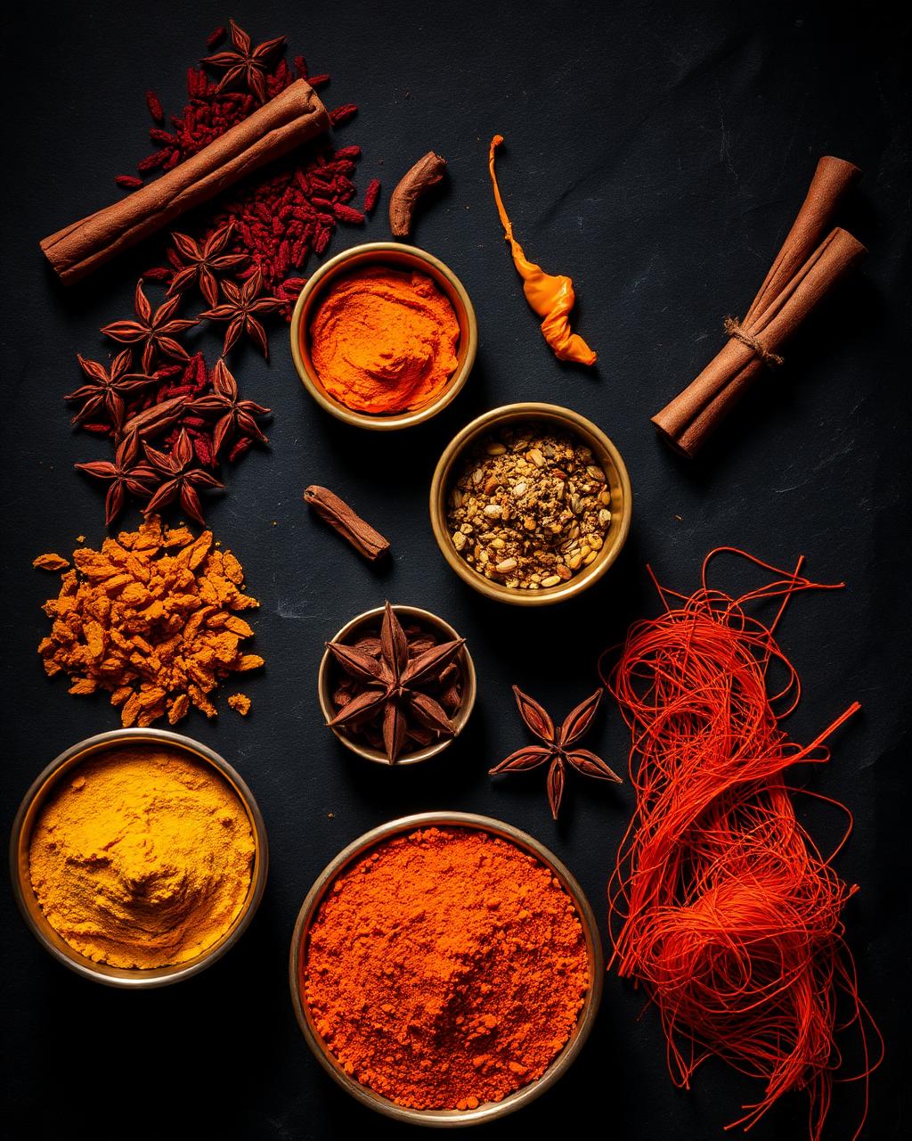 Brass bowls of turmeric, chilli, star anise and saffron on black stone