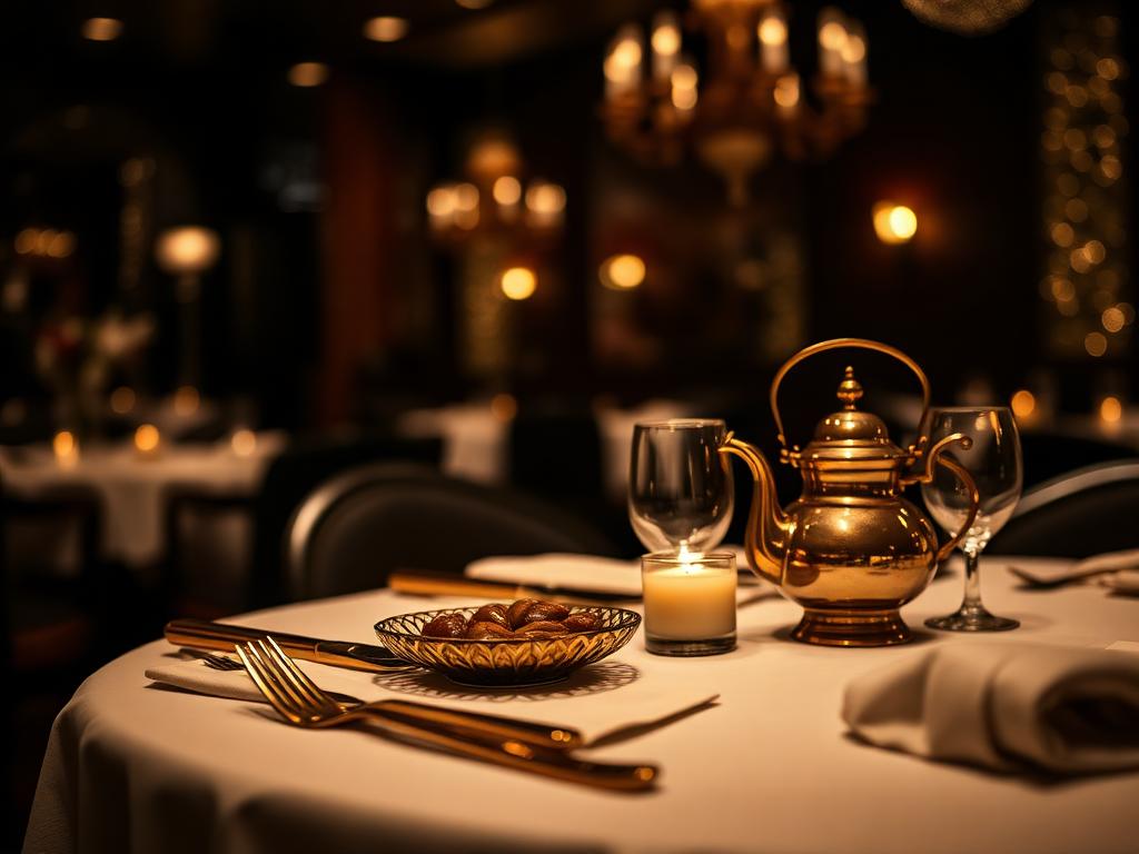 Elegant table setting with gold cutlery and brass teapot