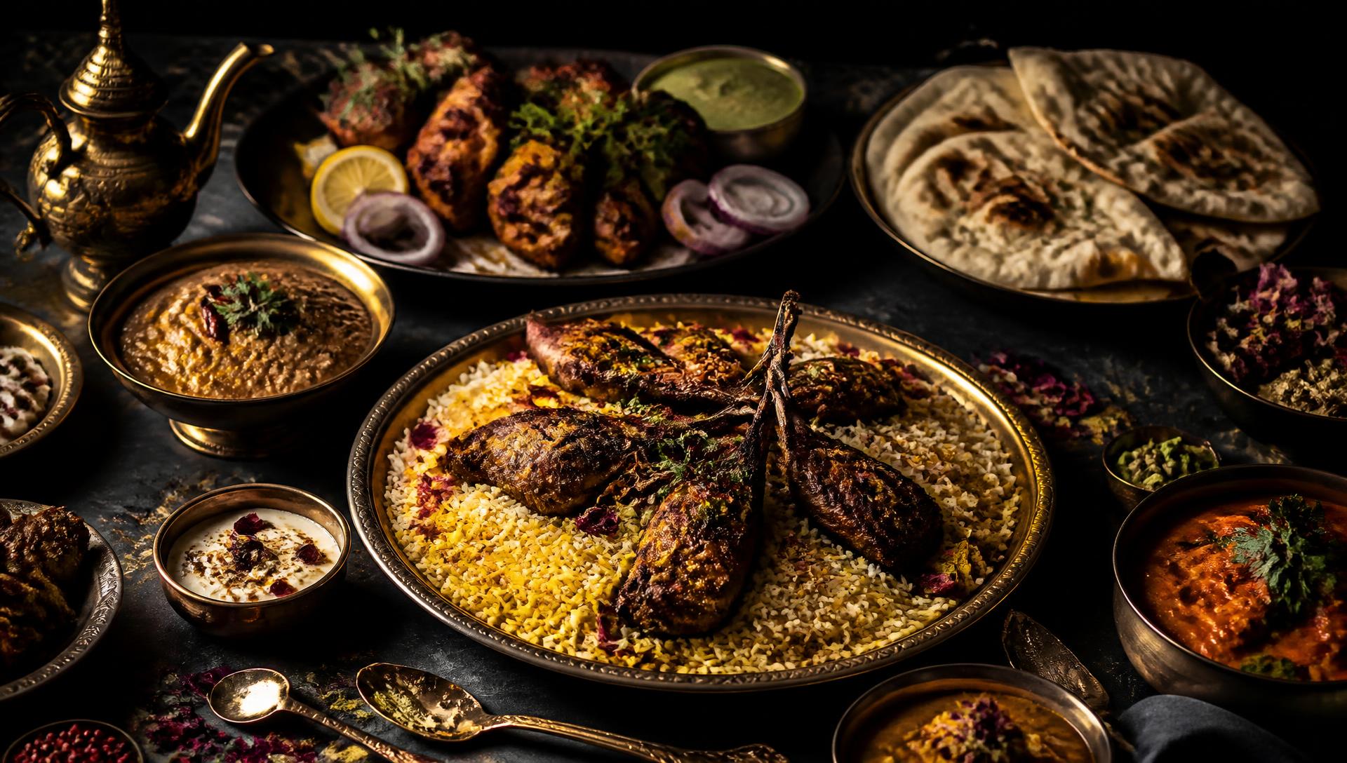 Arabic and Indian feast of mandi rice, grilled meats, curries and naan on a dark table